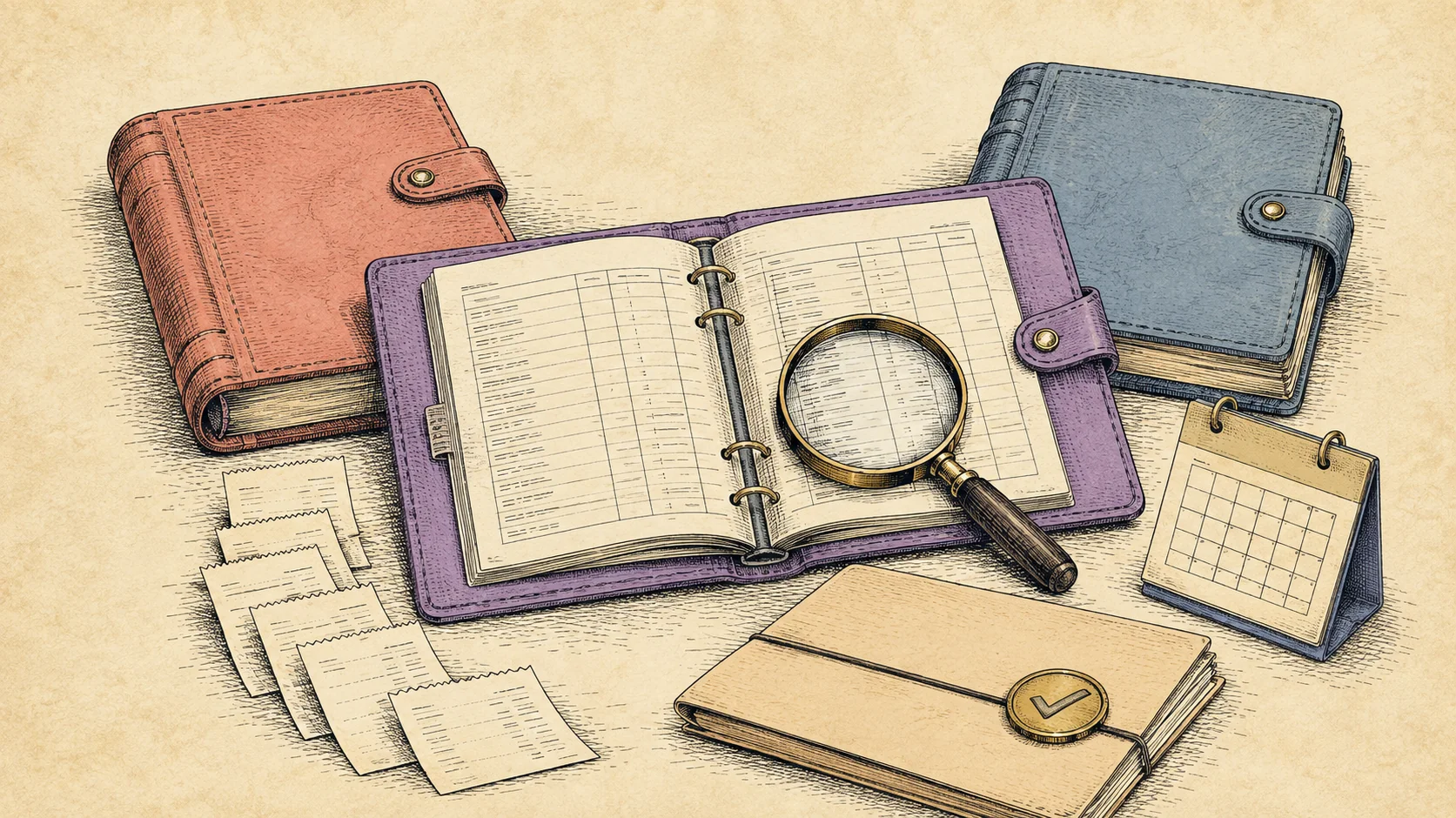 Hand-drawn comparison of three accounting ledgers, with a purple ledger under a magnifying glass beside receipts, a calendar and a completed review folder.