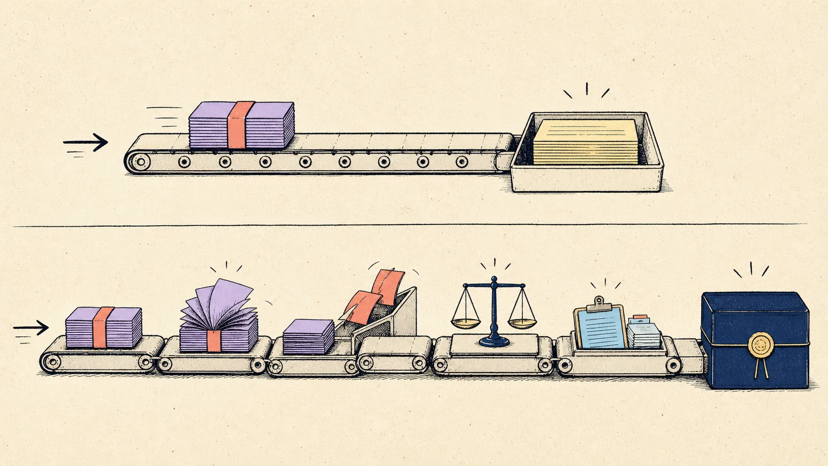 Two conveyor workflows compare direct payout posting with a longer reviewed month-end close.