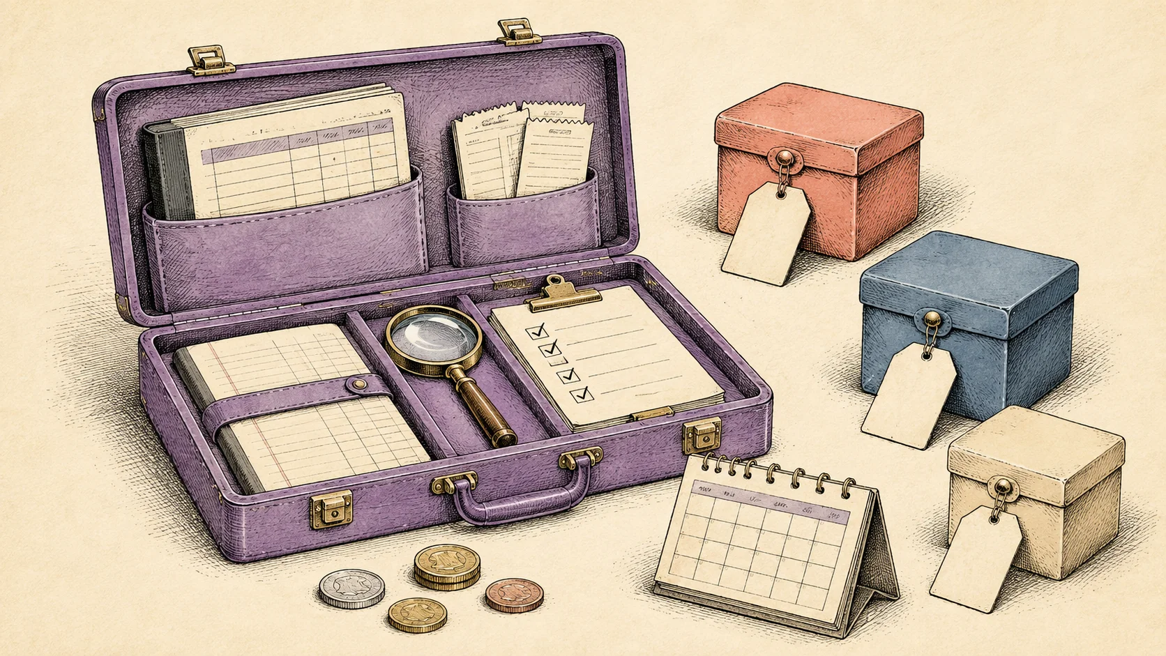 Hand-drawn purple accounting toolkit containing a ledger, receipts and review tools beside modular boxes with price tags and a calendar.