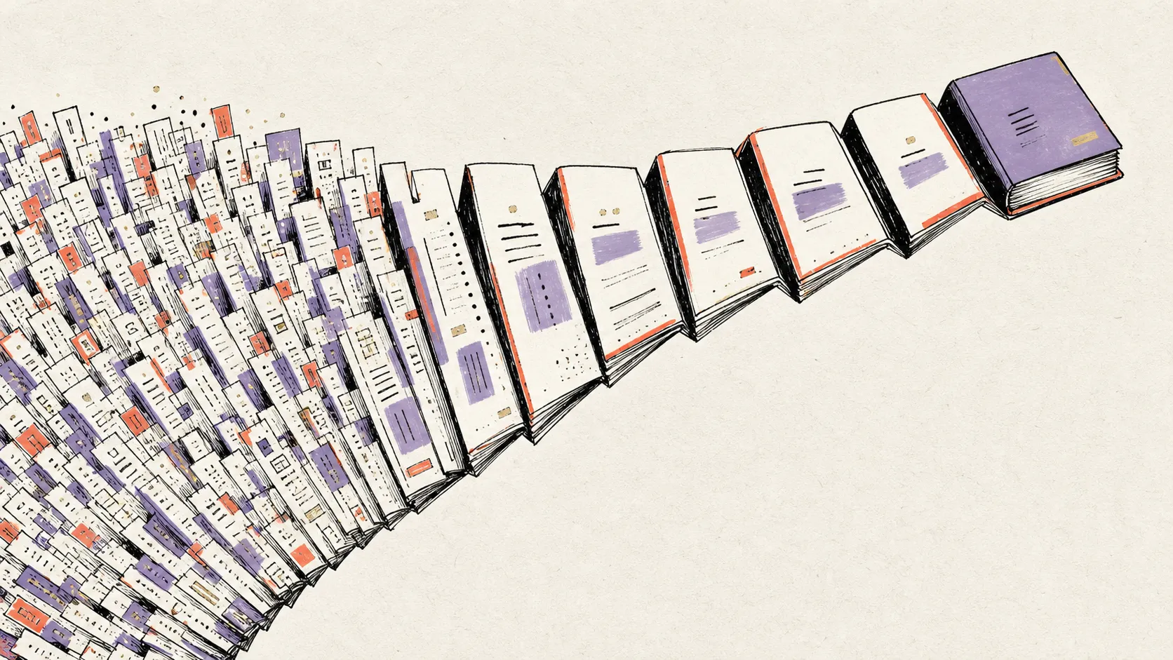 Hundreds of small Shopify order slips fold into a few larger payout summaries and one clean accounting ledger.