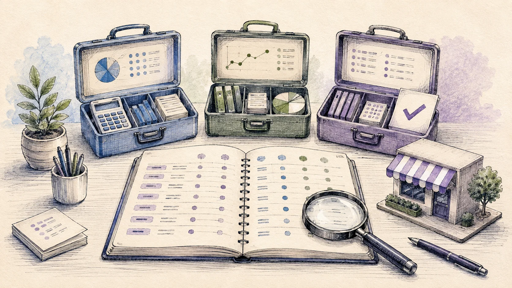 Hand-drawn accounting toolkits and a comparison notebook beside a small shop, illustrating how to choose software for a Shopify business
