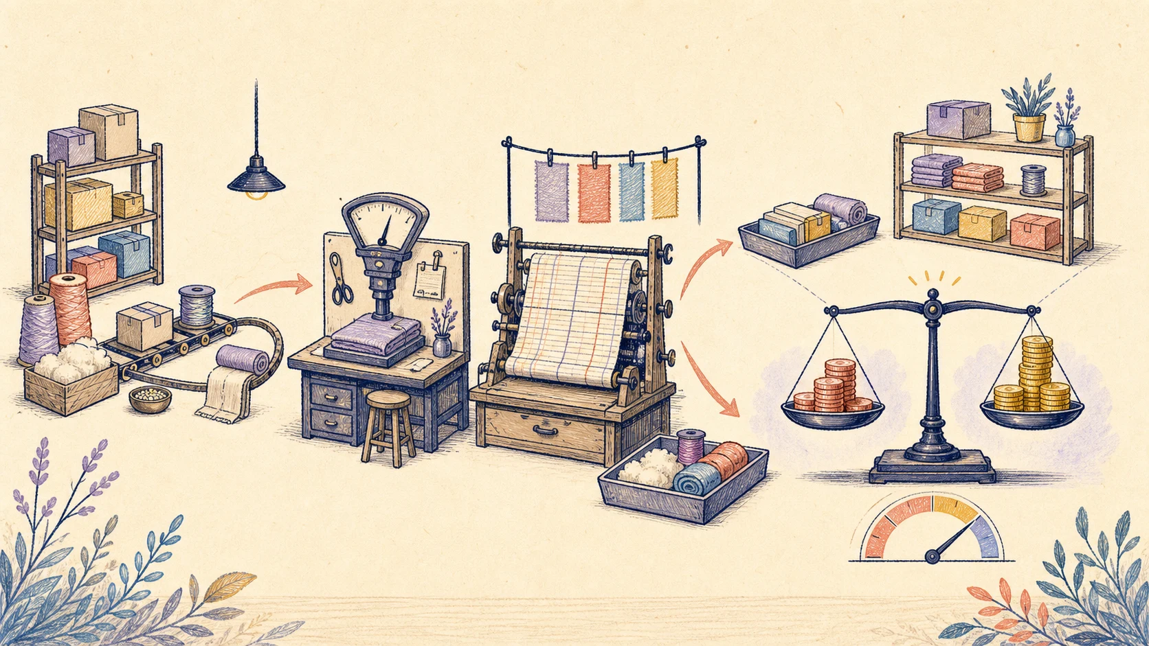 Illustrated cost workshop turning inventory and product costs into COGS and a clear profit margin