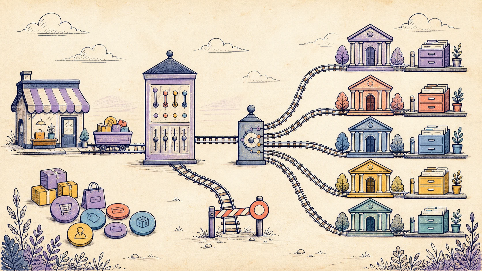 Illustrated accounting railway routing Shopify activity through one clean setup into organized ledgers
