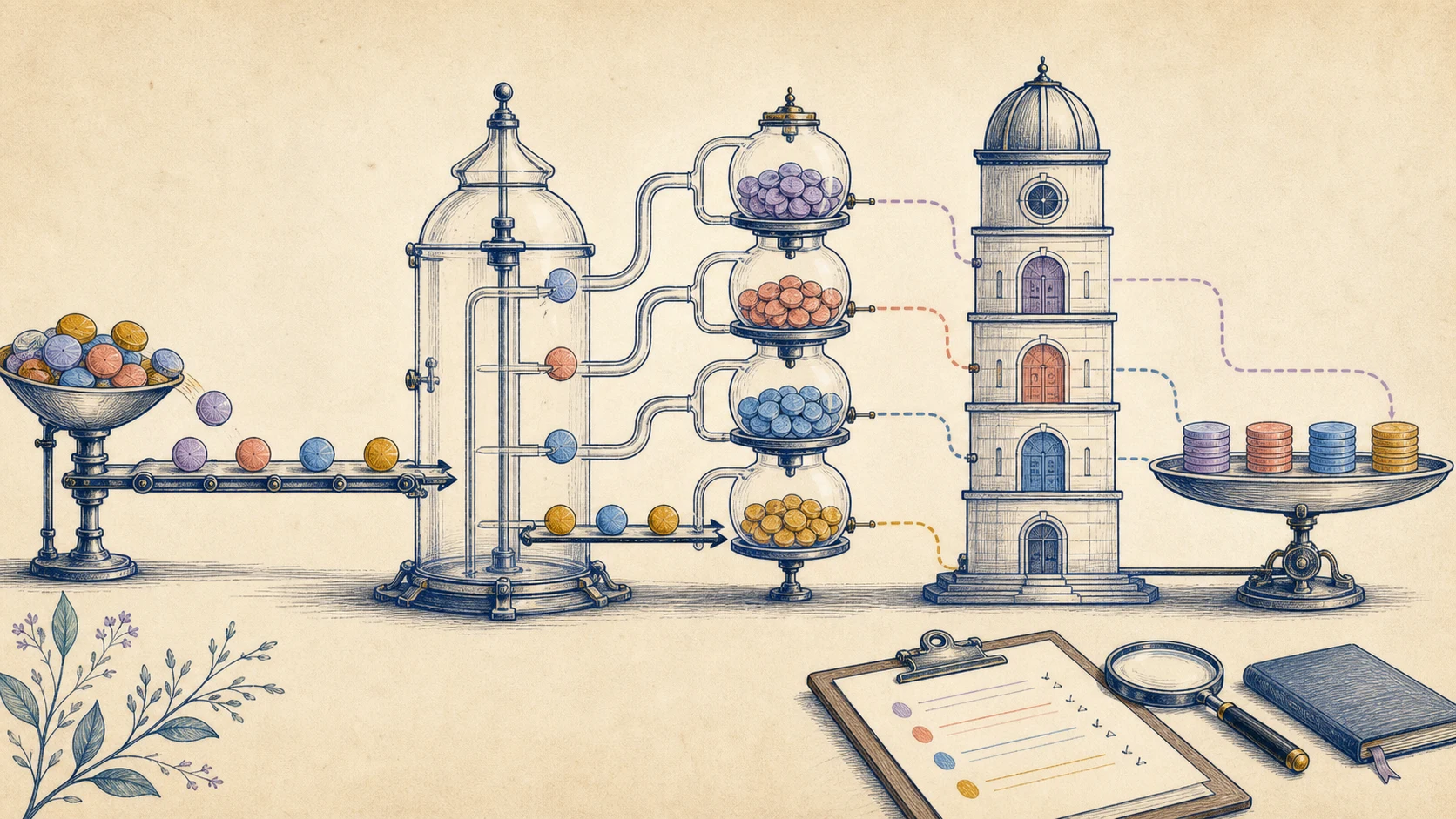 Illustrated tax observatory separating collected tax from revenue and reconciling liability balances