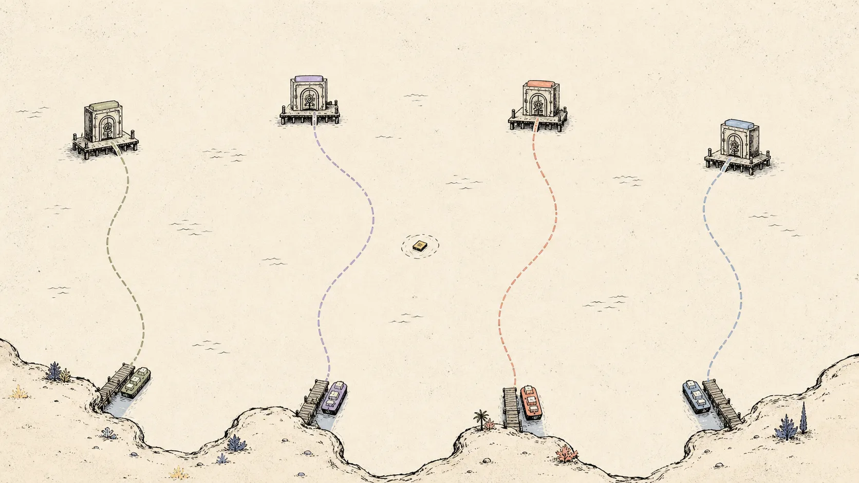 Four payment gateways follow separate routes from settlement docks to their own bank vault piers.