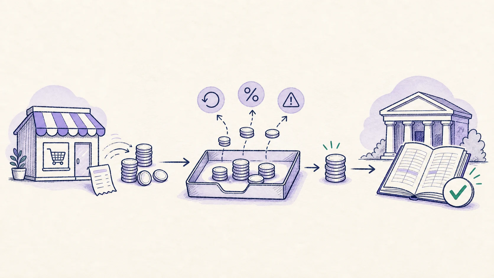 A hand-drawn Shopify payout moving through a temporary clearing account before reaching the bank and balanced ledger.