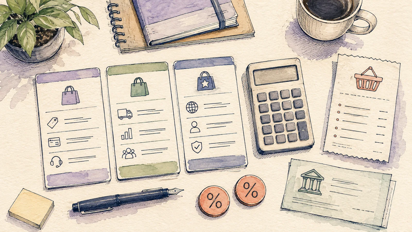 Illustrated merchant desk with plan cards, a calculator, percentage tokens and separate receipts for store costs and payouts.