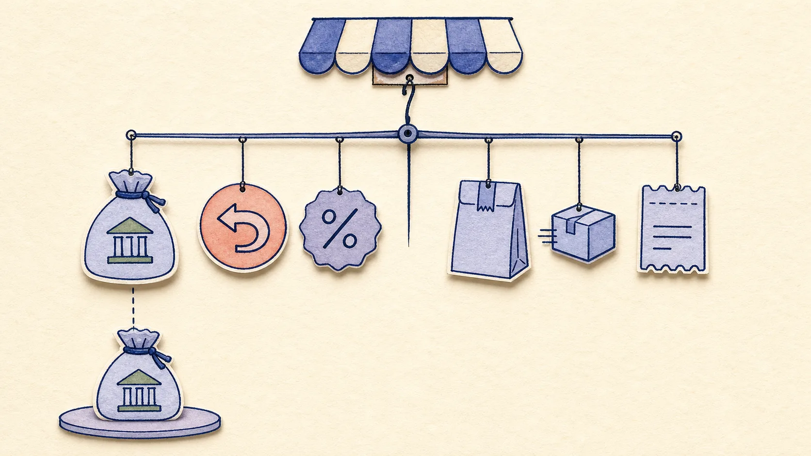 One Shopify payout is separated into sales, tax, refunds, fees and a bank deposit while the debit and credit sides remain balanced.
