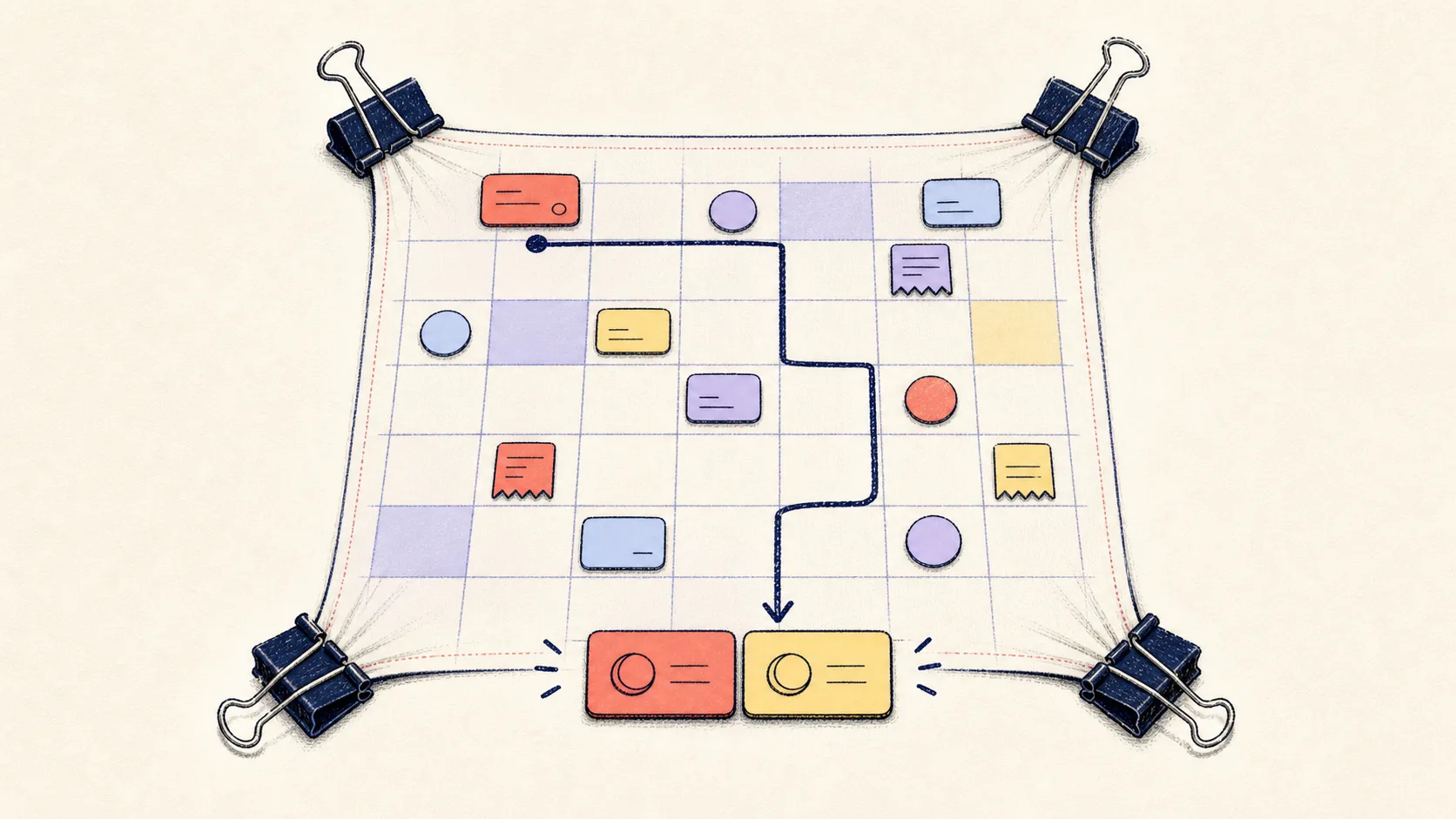 A payout reconciliation grid held by four binder clips guides scattered settlement tokens into two matching amount tiles.