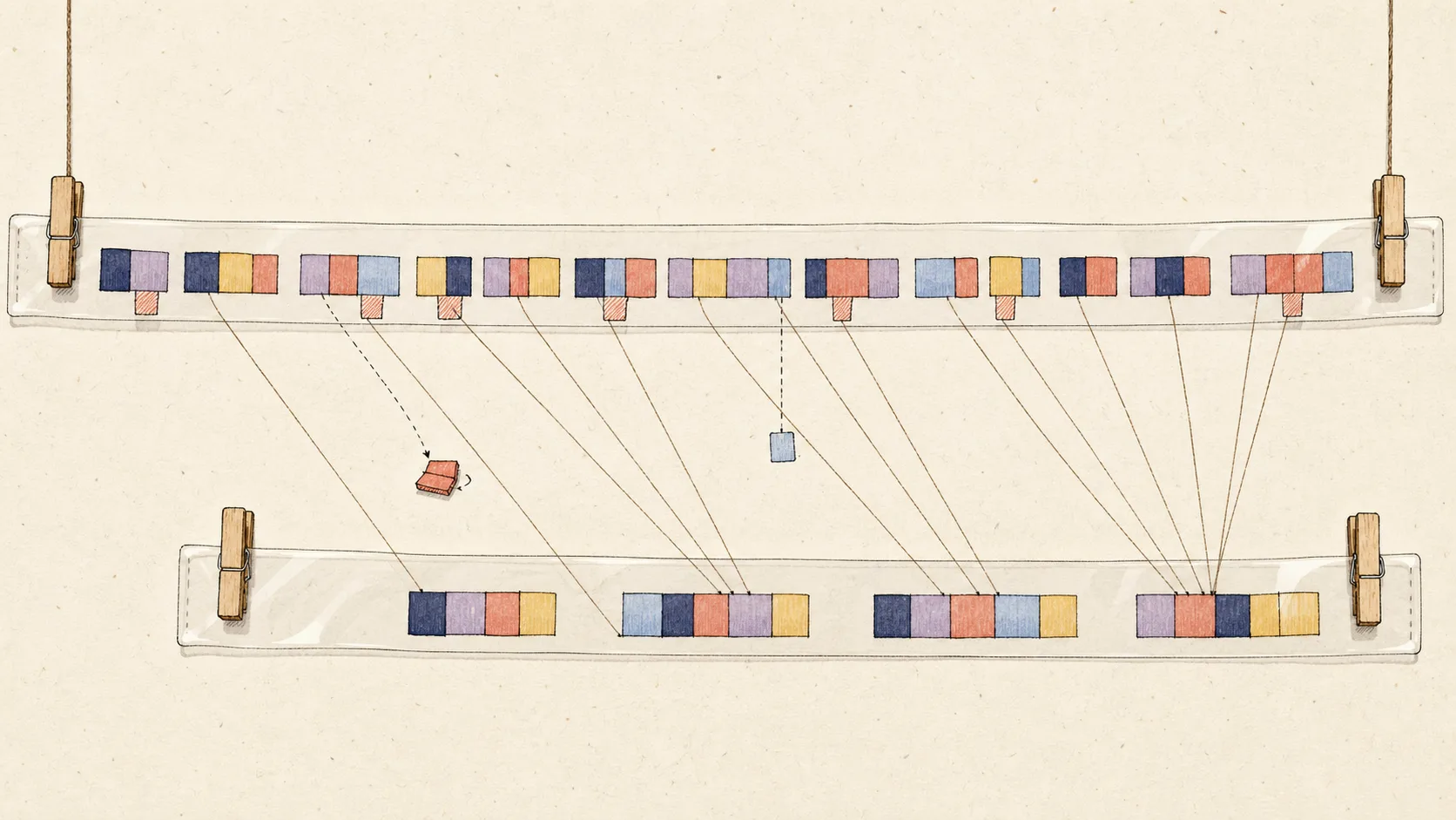Two suspended timelines connect individual Shopify sales to later grouped bank deposits.