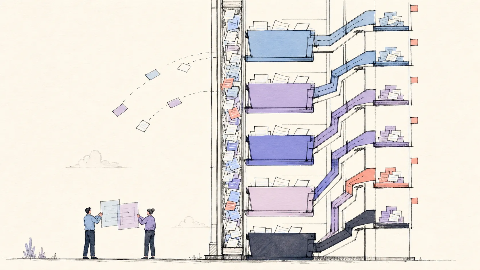 Shopify tax records cascade through a tall filing tower into separate jurisdiction trays while two small figures compare transparent reports.