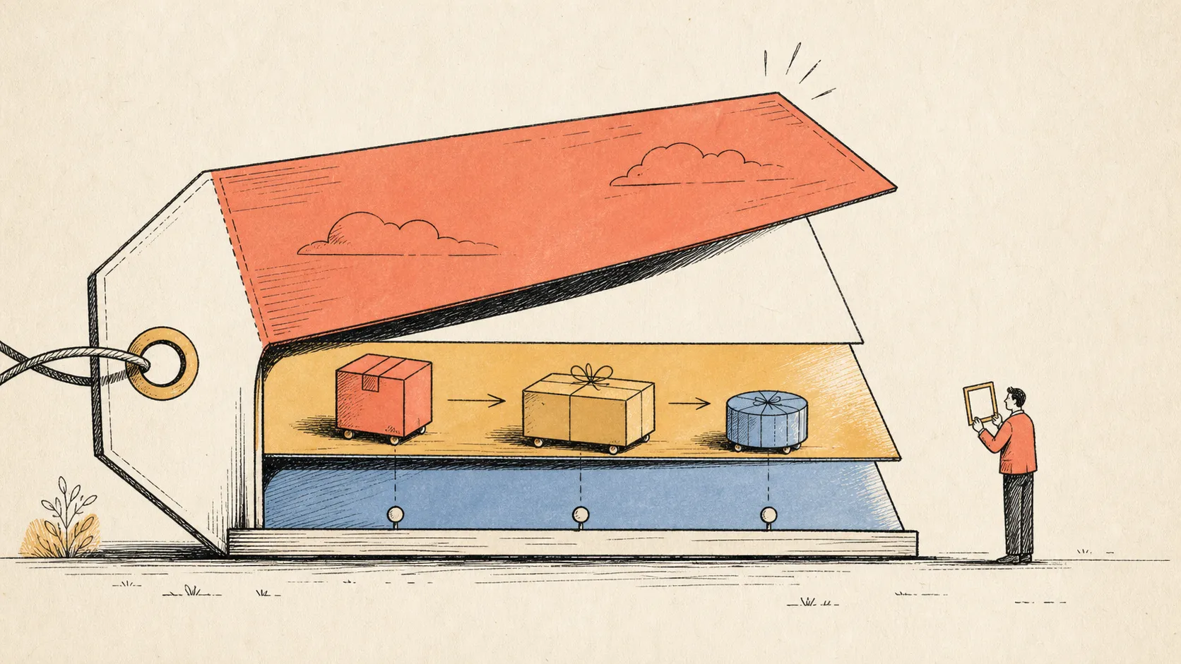 A giant shop price tag opens like a stage to reveal separate product-value and VAT layers while parcels move across it.