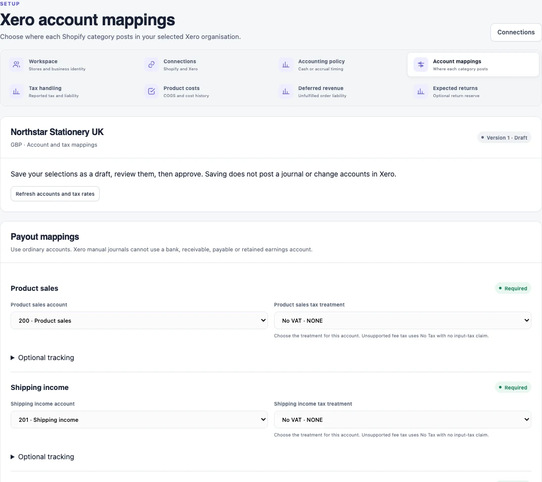 Vatteo Xero account mappings with separate account and tax-treatment selections for product sales and shipping, shown using a demonstration GBP organisation.