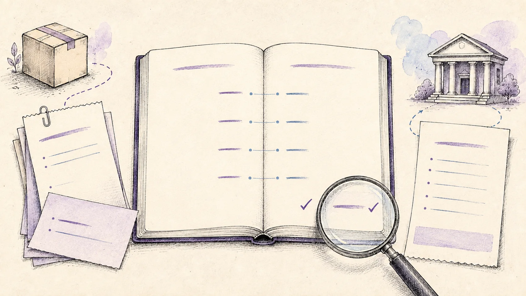 Hand-drawn ledger, receipts and magnifying glass connect an ecommerce payout with a bank deposit on warm ivory paper.